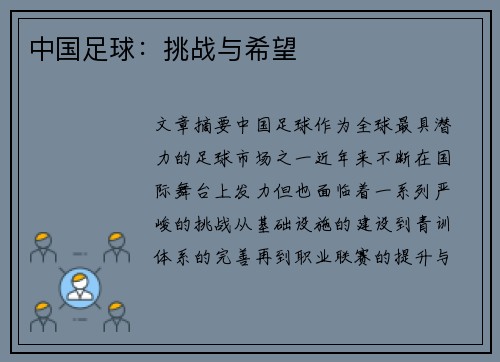中国足球：挑战与希望