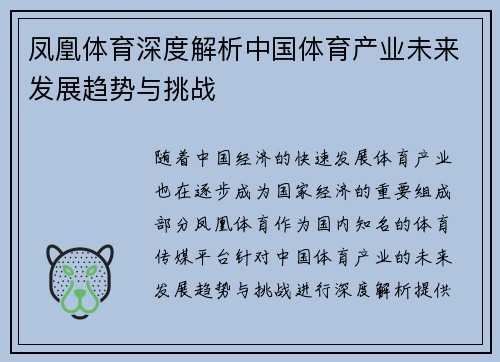 凤凰体育深度解析中国体育产业未来发展趋势与挑战